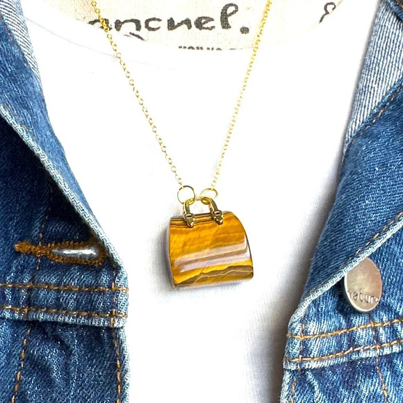 Maximalist Tiger’s eye purse pendant in vermeil gold/power prosperity necklace - Picture 1 of 9